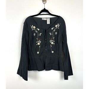 VTG Faded Glory Top Large Black Floral Embroidered Bell Sleeve Boho Y2K Festival